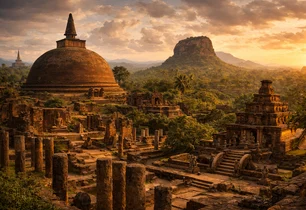 Ancient stupa and ruins with Sigiriya in the distance
