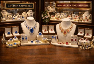 A jewellery display of blue Ceylon sapphires and pink Padmaraaga sapphires