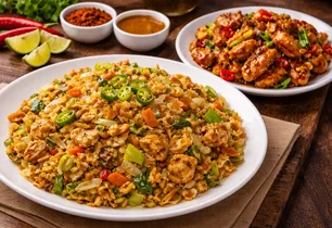 A plate of kottu with devilled chicken and sambols