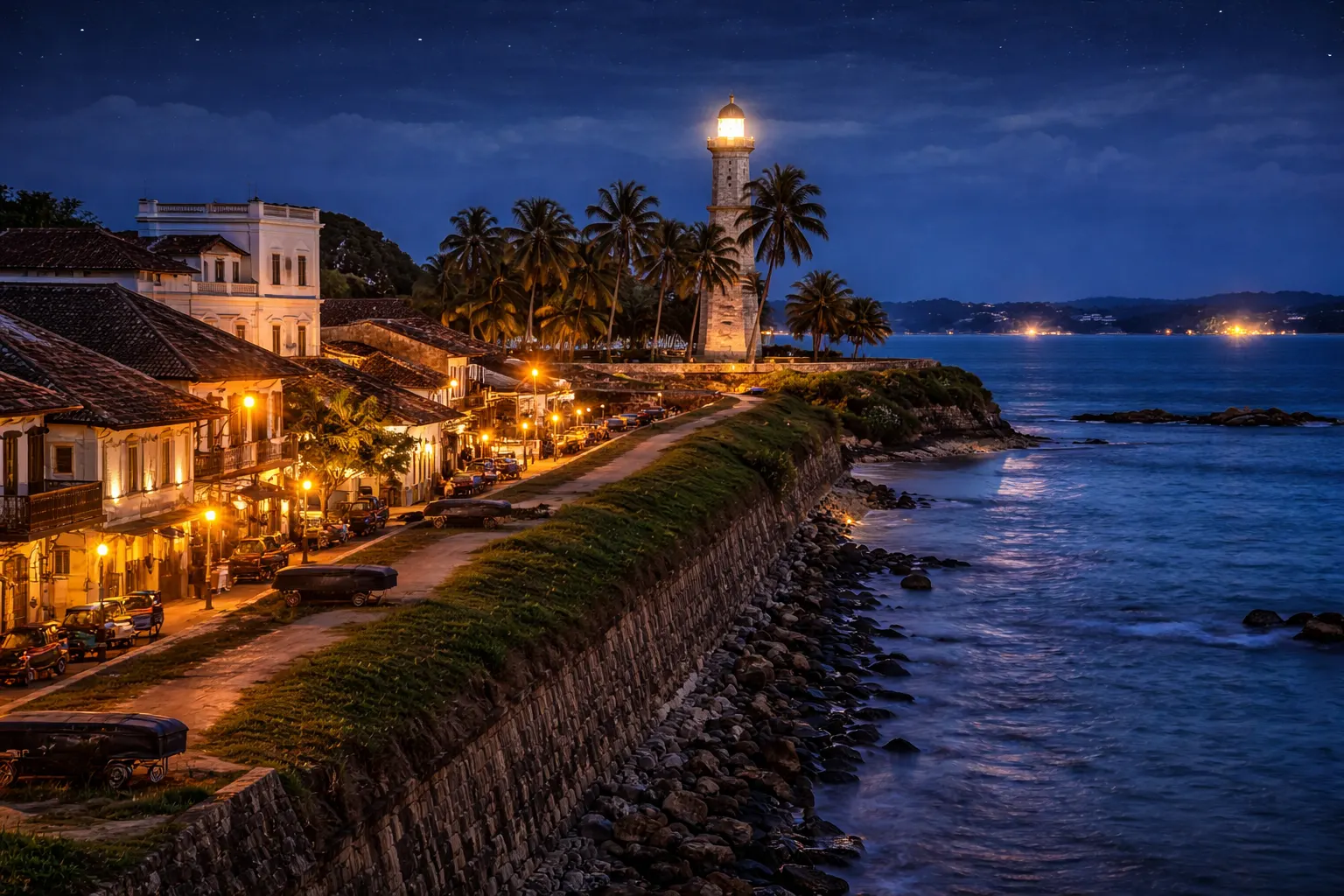 A lighthouse and old fort ramparts on the coast at dusk