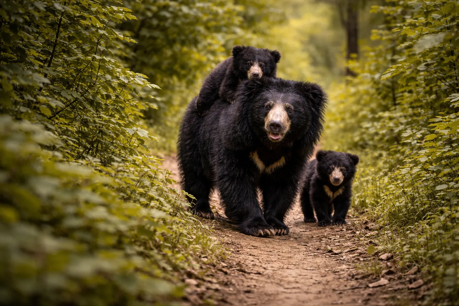 A sloth bear and two cubs on a forest trail