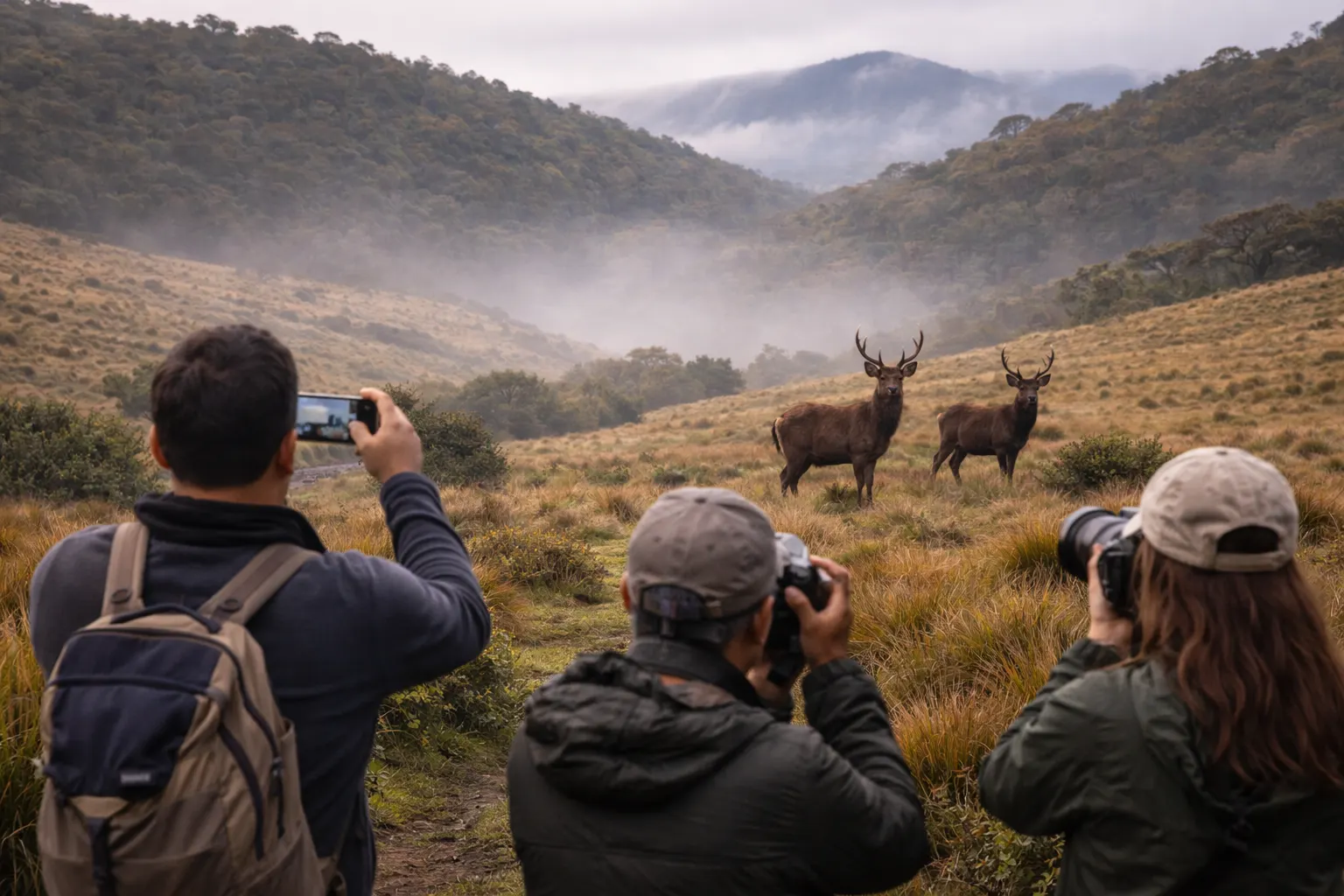 Travellers photographing deer in the misty highlands