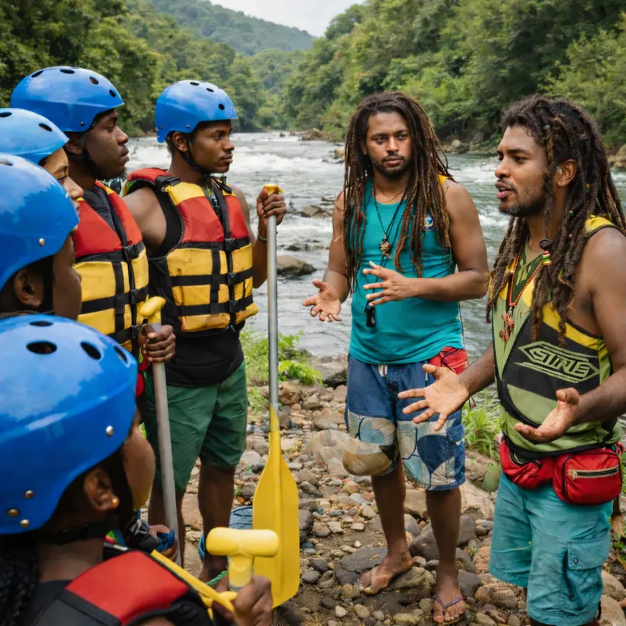 Instructors giving a safety briefing before white-water rafting